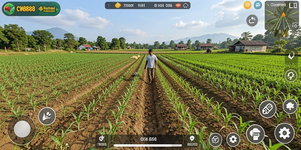 Tampilan gameplay CW8888 dengan ladang yang subur dan hewan-hewan peliharaan yang lucu.