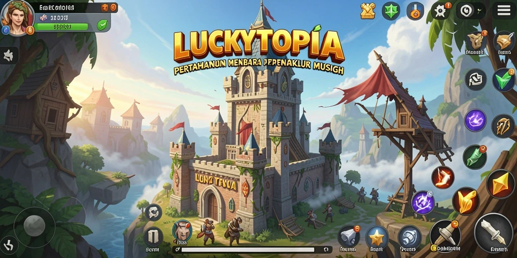 Tampilan permainan LUCKYTOPIA menampilkan menara bertahan melawan gelombang musuh yang menyerang.