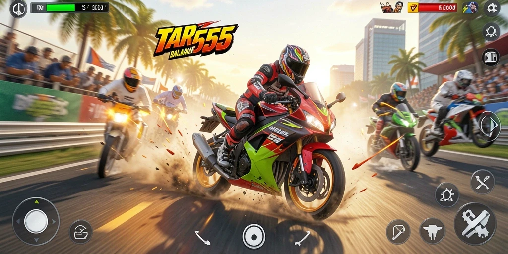 Screenshot gameplay TAR555 menampilkan aksi balapan motor yang seru dan mendebarkan.