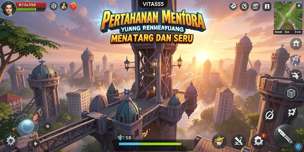 Screenshot gameplay VITA555 menunjukkan aksi pertahanan menara yang mendebarkan.